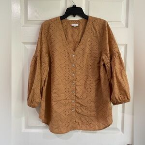 J Jill Tan Brown Eyelet Puff Sleeve Button Up Blouse L Tall Cottagecore Prairie